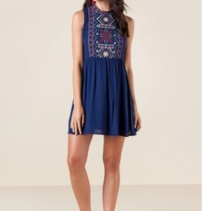 Francescas Mi Ami M Blue Embroidered Festival High Neck Sleeveless Dress Boho